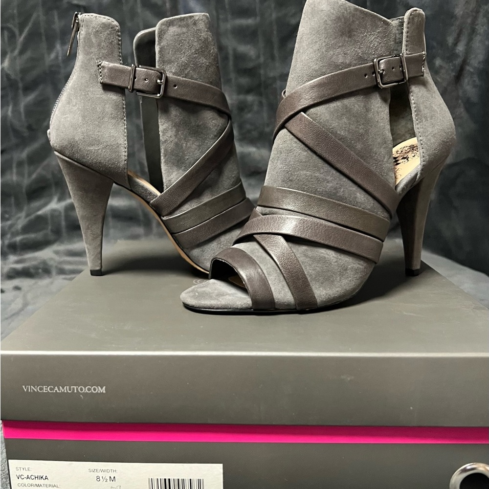 Vince Camuto “Achika” Power Grey Suede Peep Toe Heel